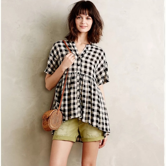 Anthro Tylho Checked Swing Top Gingham Linen Plaid Blouse Shirt Summer Linen S - Picture 7 of 16